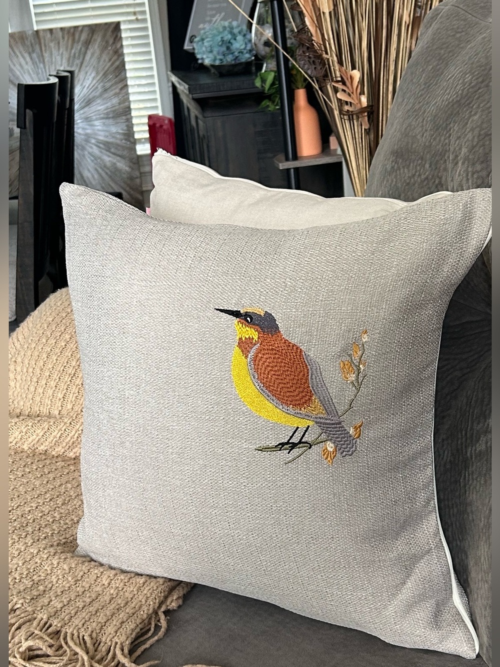 Embroidered Yellow & Brown Bird Decorative 
Pillowcase cover